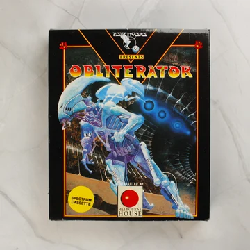 Az Obliterator videójáték dobozának előlapja sci-fi illusztrációval