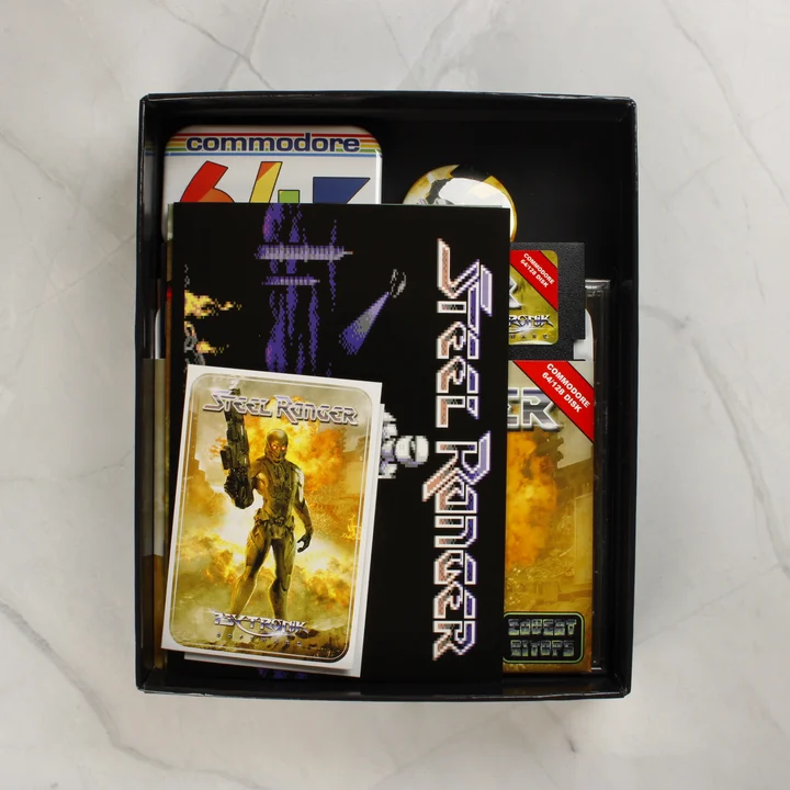 Steel Ranger C64 tartalom felülnézet Steel Ranger C64 doboz tartalma felülről