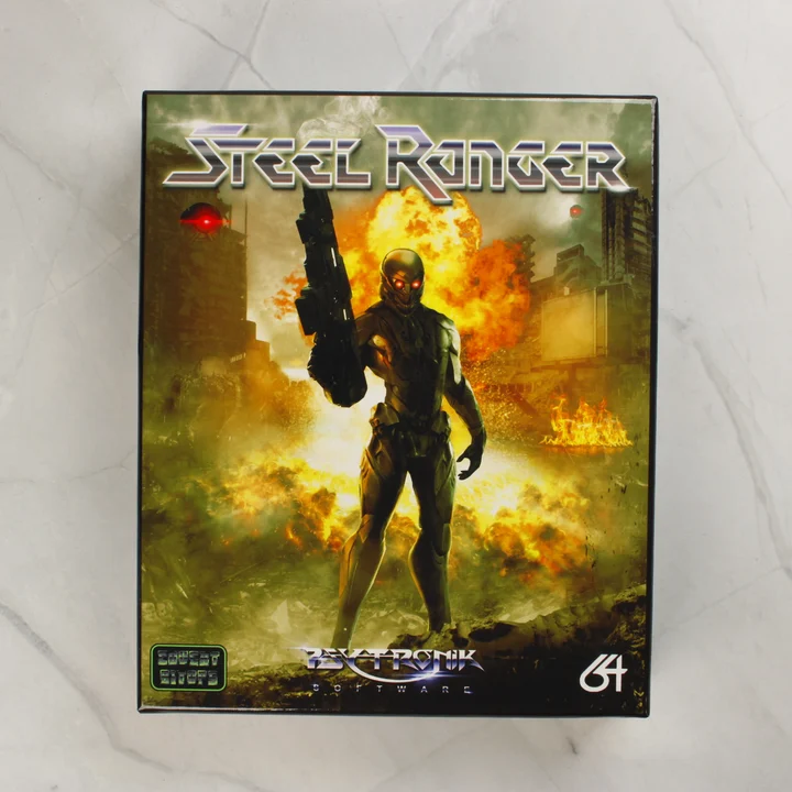 Steel Ranger C64 doboz előlap Steel Ranger Commodore 64 játék dobozának előlapja