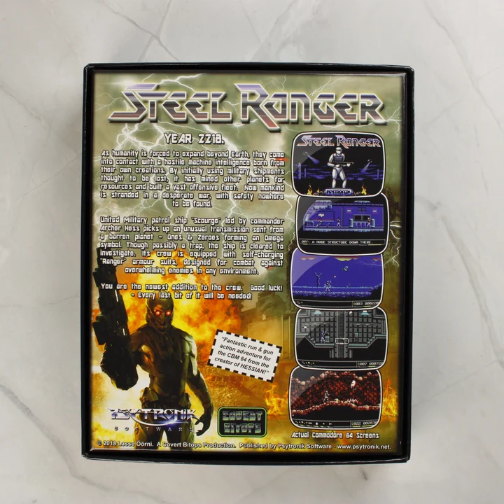 Steel Ranger C64 doboz hátlap Steel Ranger Commodore 64 játék dobozának hátoldala