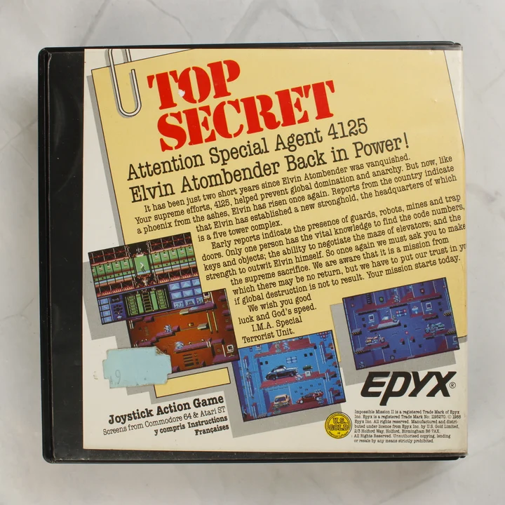 Impossible Mission II videójáték hátoldali borítója leírással