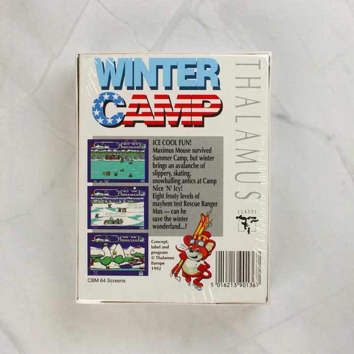 Winter Camp C64 hátoldal Winter Camp Commodore 64 játék dobozának hátoldala