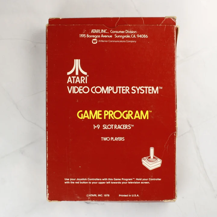 Slot Racers doboz hátoldal Atari 2600 Slot Racers videójáték dobozának hátoldala