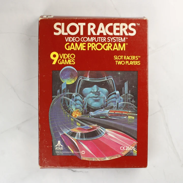 Slot Racers Atari 2600 doboz Atari 2600 Slot Racers videójáték dobozának előlapja