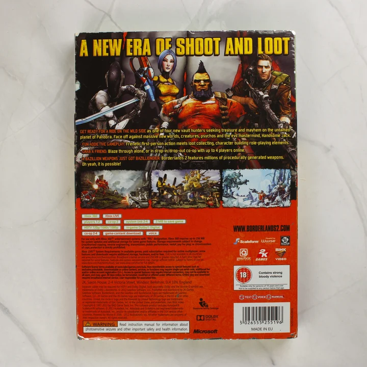 Borderlands 2 Xbox 360 játék hátoldala technikai adatokkal