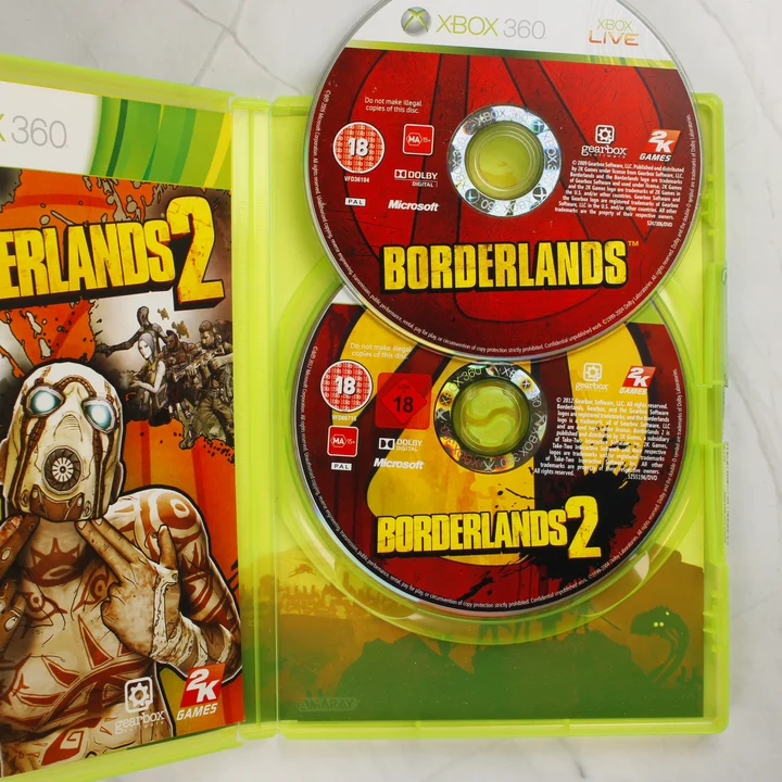 Nyitott Borderlands 2 tok két lemezzel és kézikönyvvel