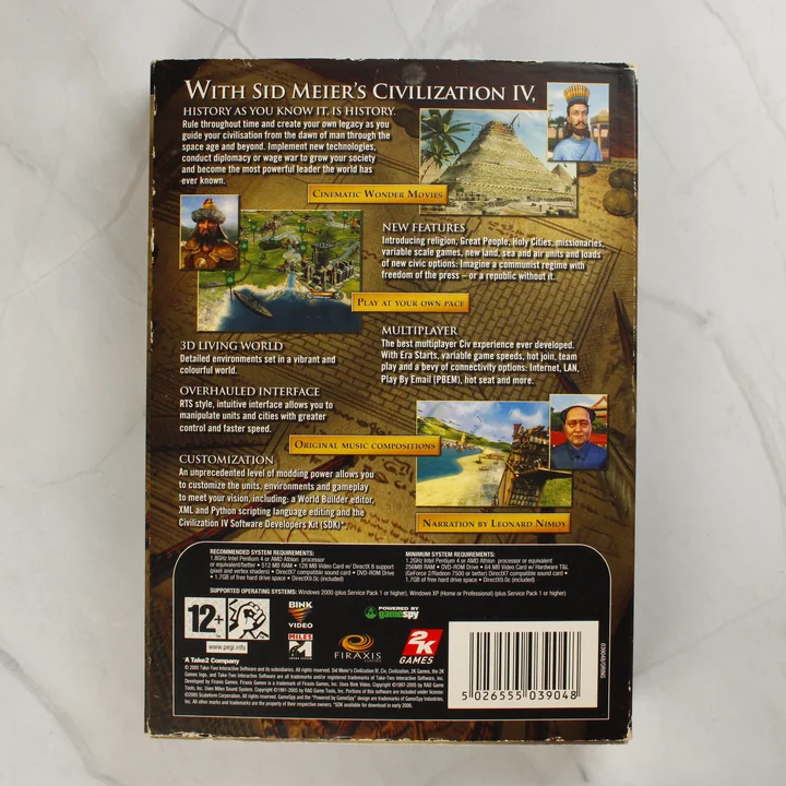 Sid Meier's Civilization IV PC játék dobozának hátoldala a rendszerkövetelményekkel