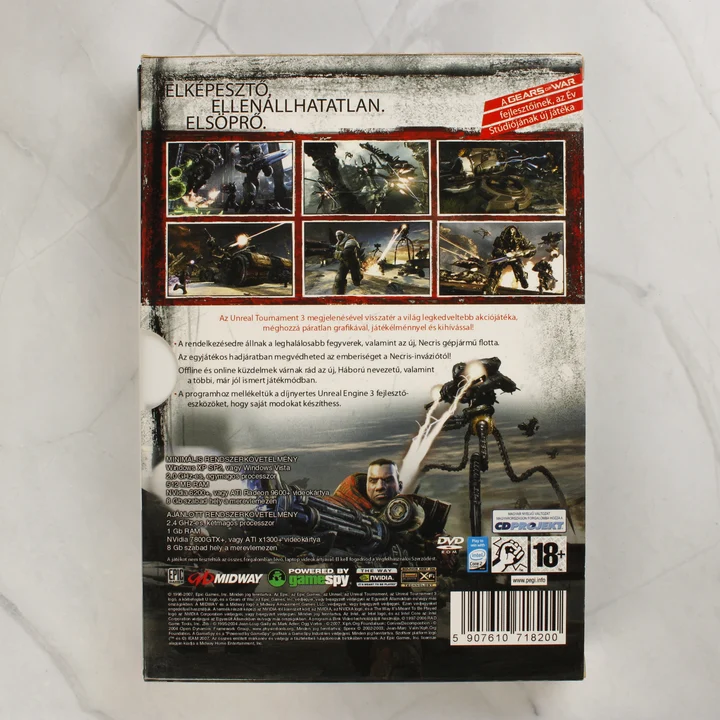 Az Unreal Tournament 3 PC-s játék dobozának hátoldala magyar nyelvű leírással