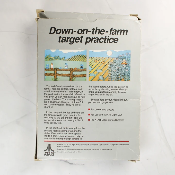 Barnyard Blaster Atari 7800 játék dobozának hátoldala