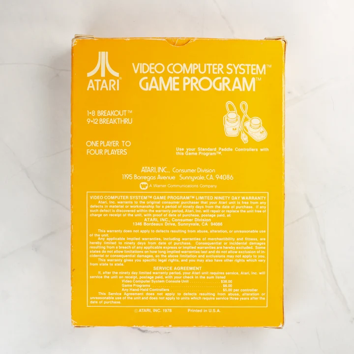 Atari 2600 Breakout játék dobozának hátoldala