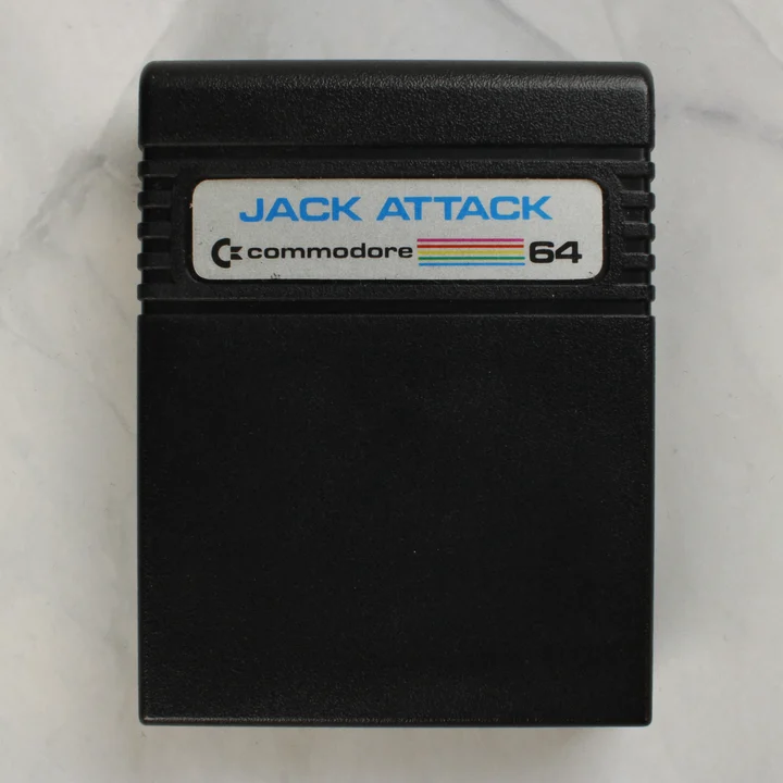 Jack Attack C64 cartridge elölnézet Jack Attack videójáték cartridge Commodore 64-hez elölnézetből