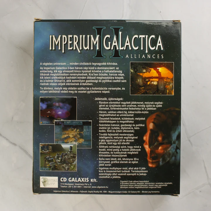 Imperium Galactica II: Alliances nagy dobozos PC játék hátoldala magyar leírással