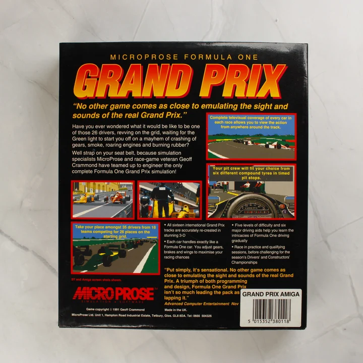 MicroProse Formula One Grand Prix Amiga játék dobozának hátoldala
