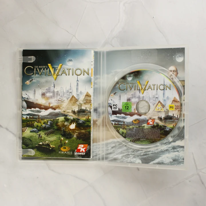 Nyitott Civilization V játék tok lemezzel és kézikönyvvel