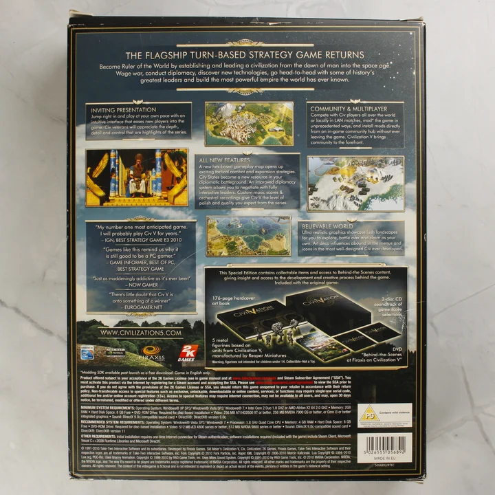 Sid Meier's Civilization V Special Edition dobozának hátoldala a tartalom leírásával