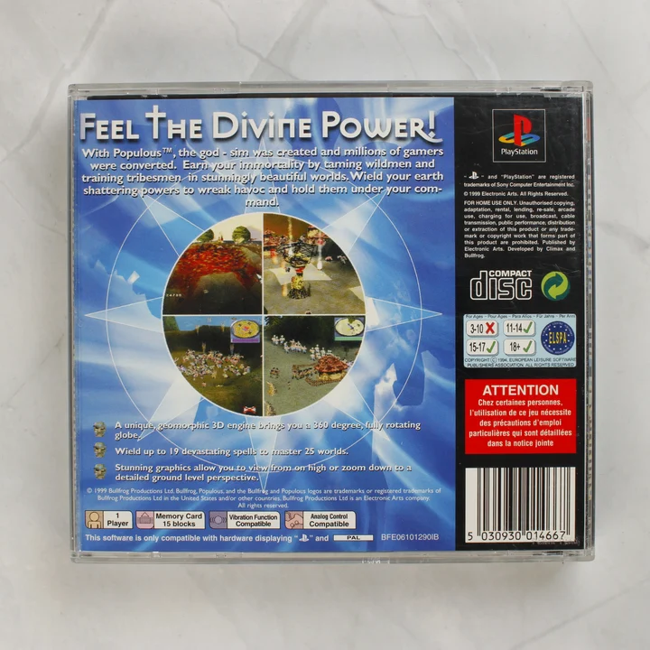 Populous: The Beginning PlayStation játék hátoldala