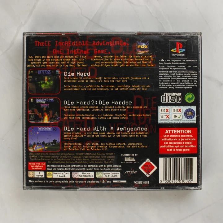 Die Hard Trilogy PlayStation játék tokjának hátlapja