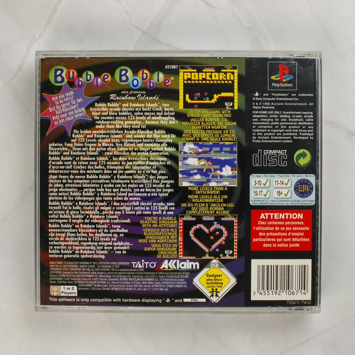 Bubble Bobble also featuring Rainbow Islands PlayStation játék tokja hátulról