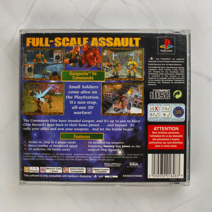 Small Soldiers PlayStation játék hátlapja leírással és képernyőfotókkal