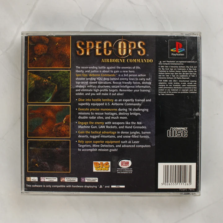 Spec Ops: Airborne Commando PlayStation játék tokjának hátoldala