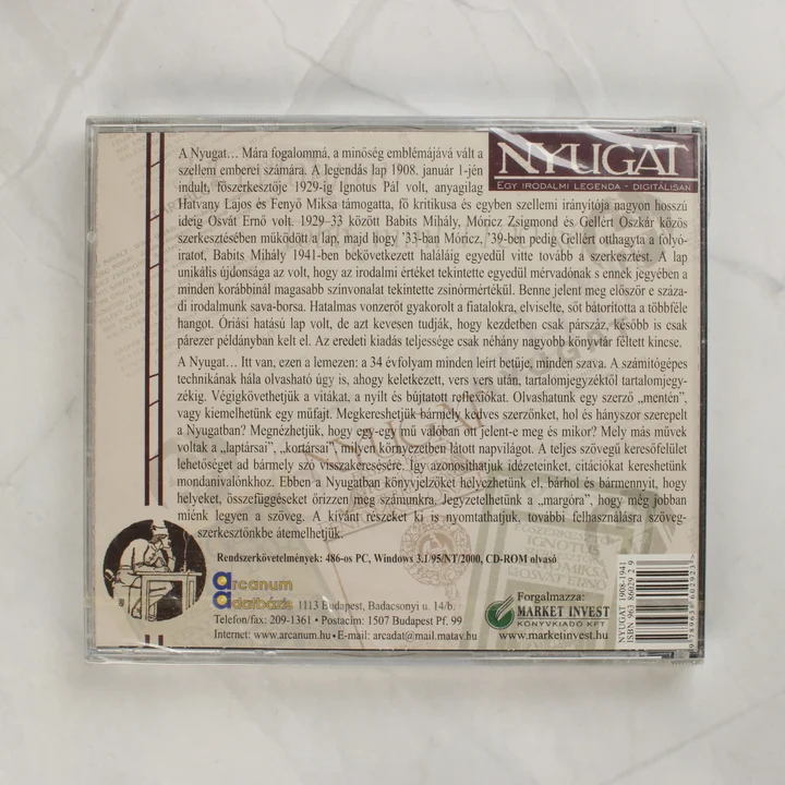 A Nyugat 1908-1941 digitális archívum CD-tokjának hátlapja leírással és vonalkóddal