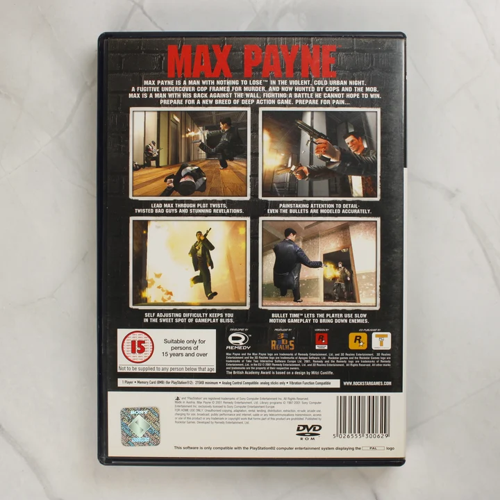 Max Payne PlayStation 2 játék hátlapi borítója