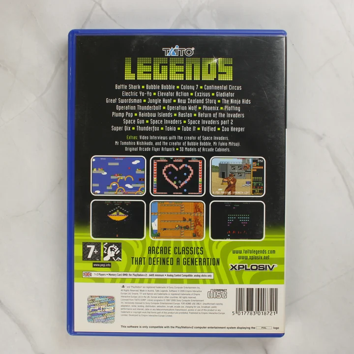 Taito Legends PlayStation 2 játék hátlapi borítója a játéklistával