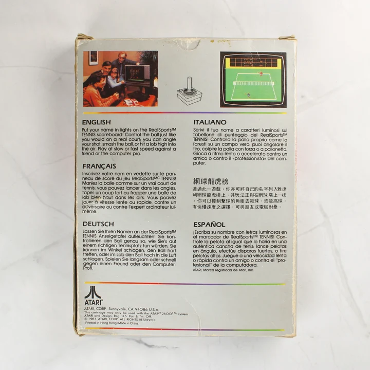 Atari 2600 RealSports Tennis játék dobozának hátoldala