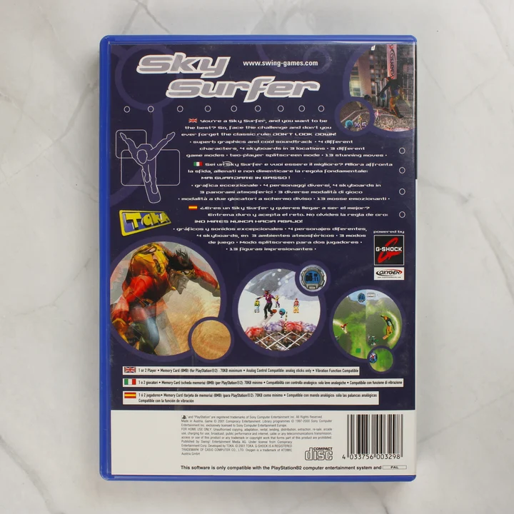 Sky Surfer PlayStation 2 játék hátoldala