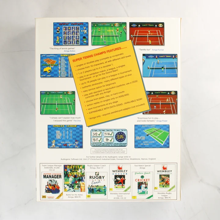 A Super Tennis Champs Amiga játék dobozának hátoldala képernyőképekkel