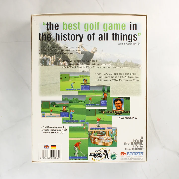 PGA European Tour Amiga játék dobozának hátoldala