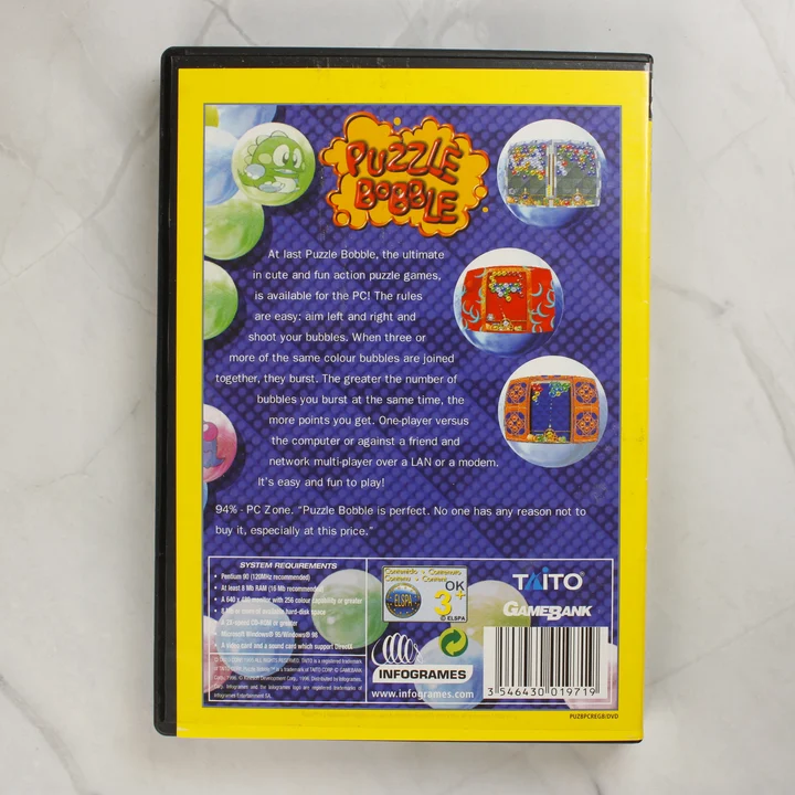 Puzzle Bobble PC játék hátoldala leírással és vonalkóddal