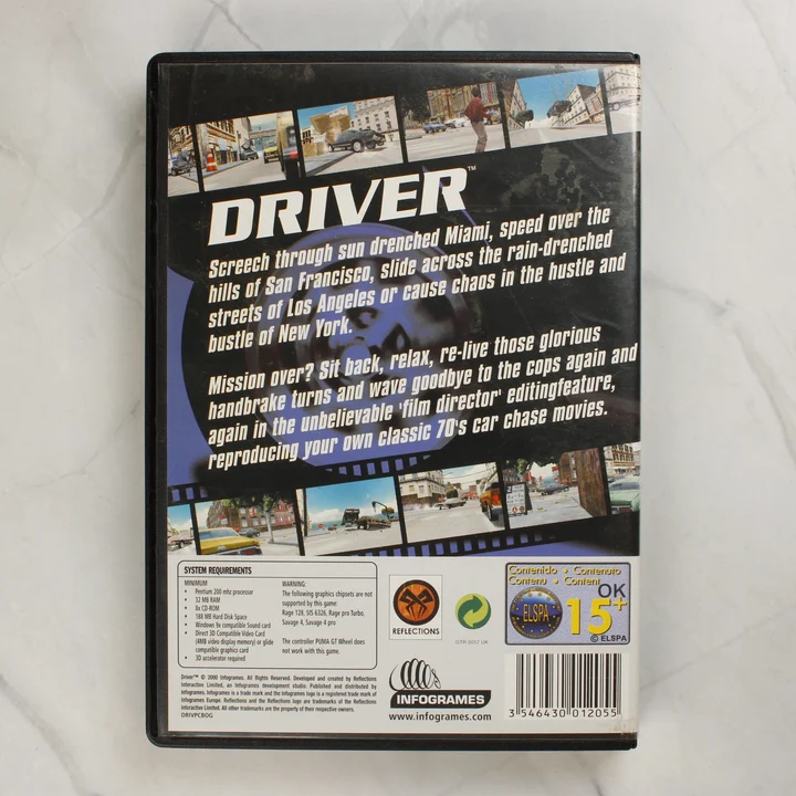 A Driver videójáték tokjának hátoldala a rendszerkövetelményekkel és leírással.
