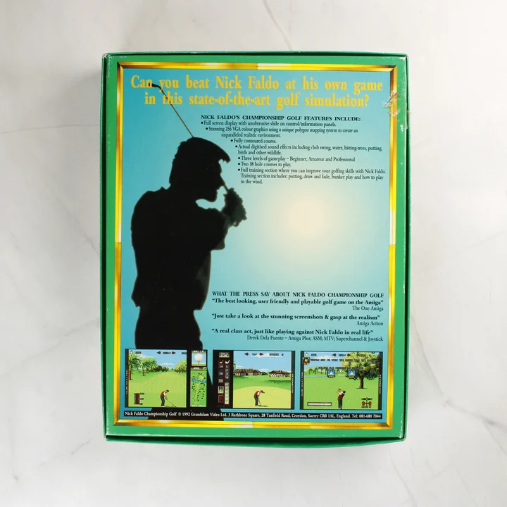 Nick Faldo's Championship Golf doboz hátnézet Nick Faldo's Championship Golf videójáték dobozának hátoldala