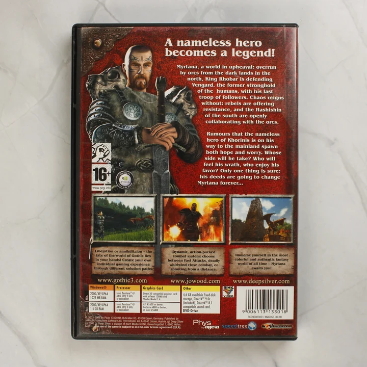 Gothic 3 PC játék tokjának hátoldala leírással és képekkel