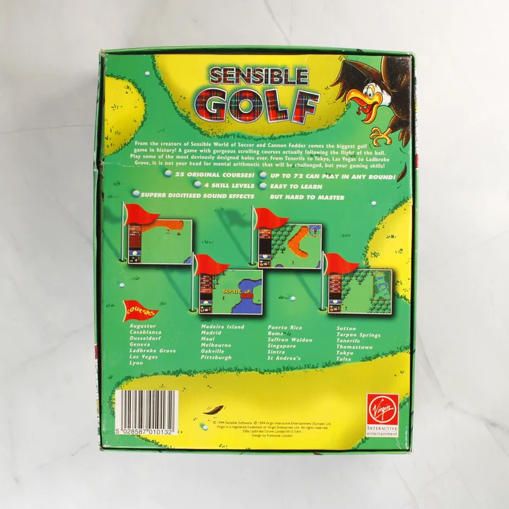 A Sensible Golf játék dobozának hátoldala leírással és képernyőképekkel