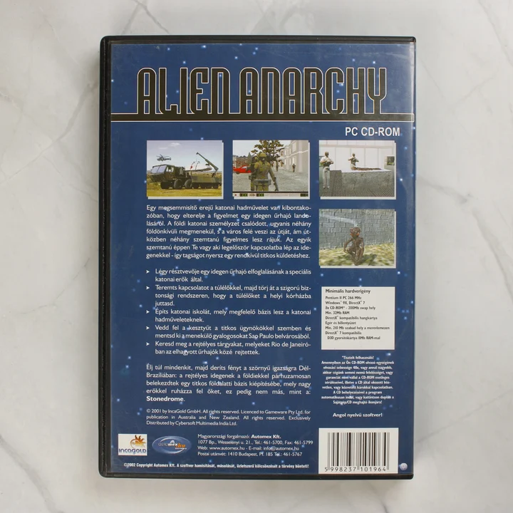 Alien Anarchy PC játék hátoldala magyar leírással és rendszerkövetelményekkel