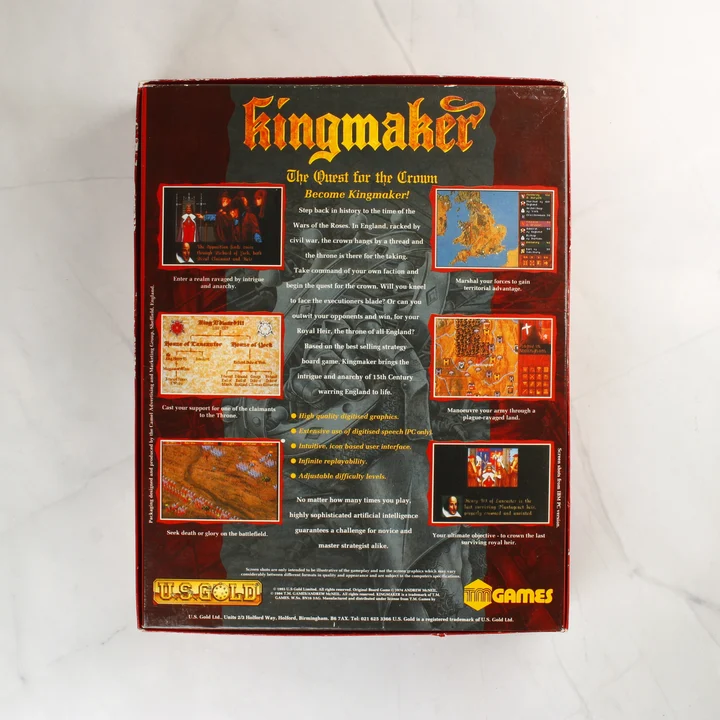 Kingmaker Amiga játék dobozának hátoldala