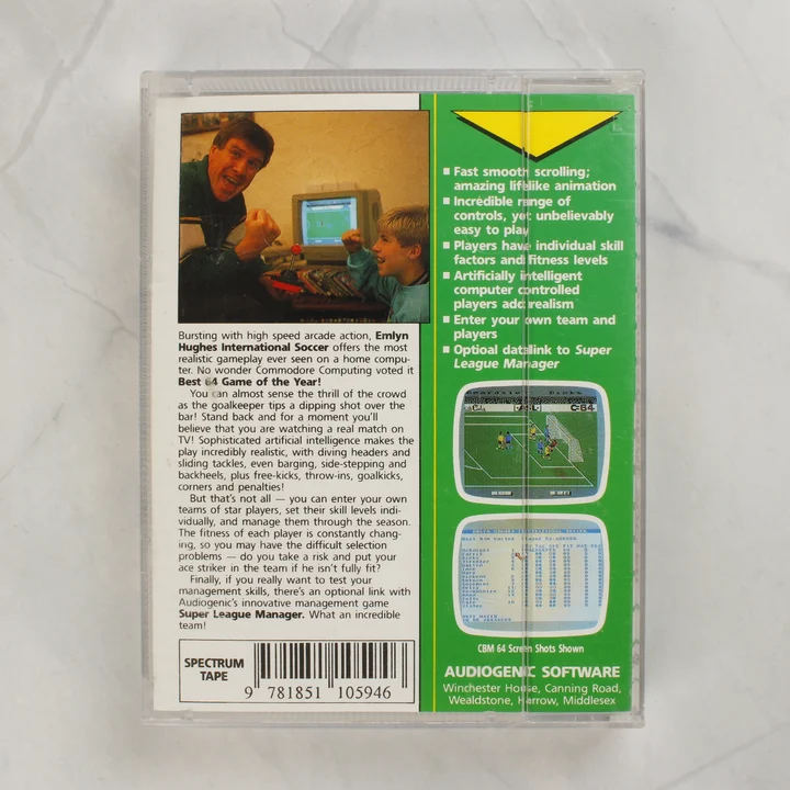 Emlyn Hughes International Soccer ZX Spectrum játék hátlapi borítója
