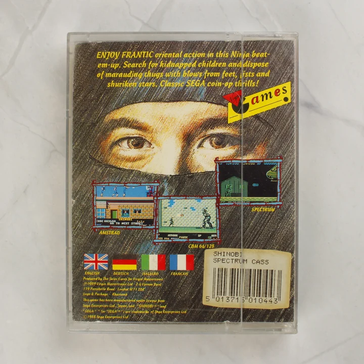 Shinobi videójáték ZX Spectrum kazetta hátlapja