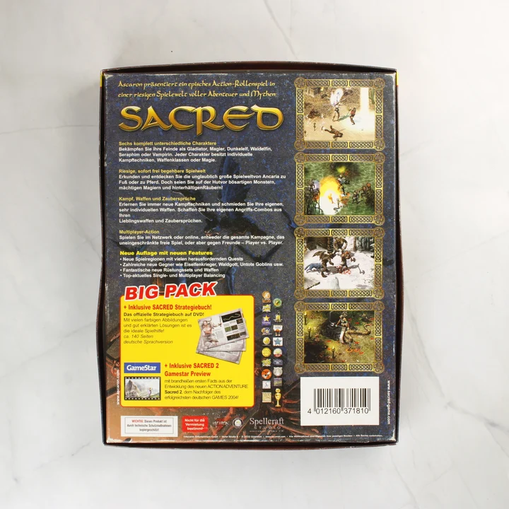 Sacred Big Pack hátoldal Sacred Big Pack videójáték dobozának hátoldala