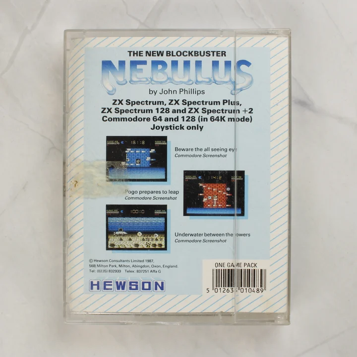 Nebulus ZX Spectrum hátlap Nebulus videójáték ZX Spectrum kazetta tokban hátulnézetből