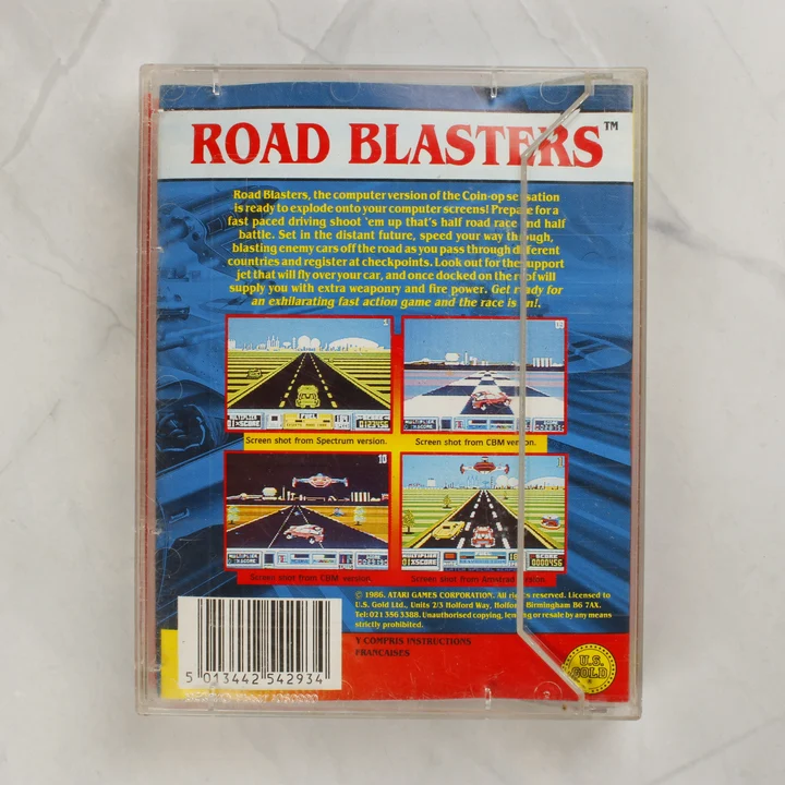 A RoadBlasters videójáték tokjának hátoldala a vonalkóddal és leírással.