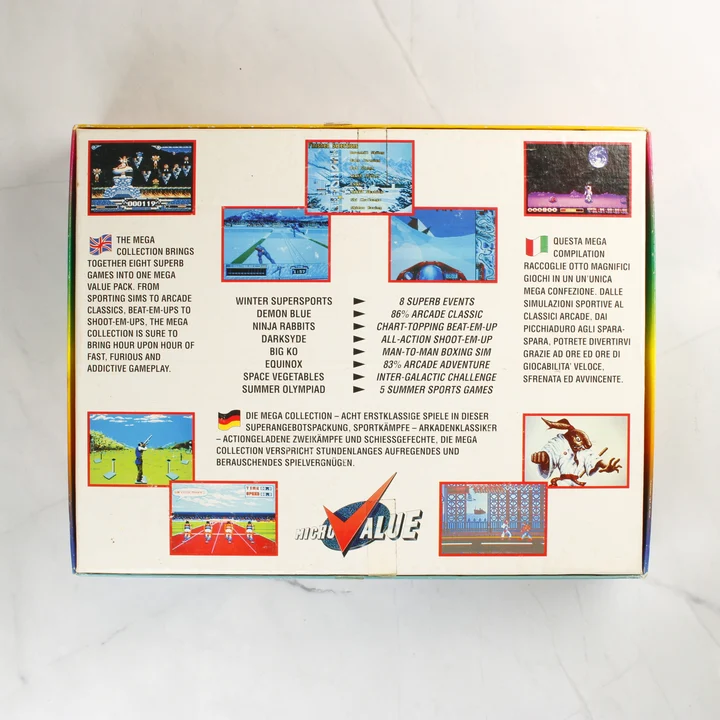 Mega Collection C64 doboz hátnézet Mega Collection Commodore 64 játékgyűjtemény dobozának hátoldala