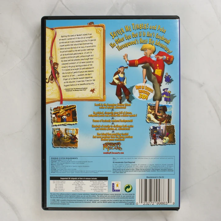 Az Escape from Monkey Island PC játék hátlapi borítója a rendszerkövetelményekkel