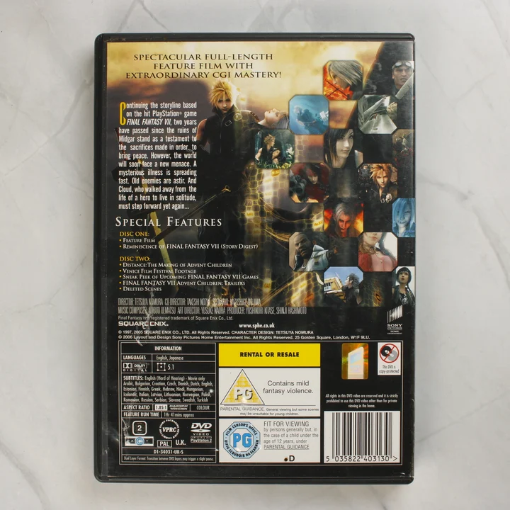 Final Fantasy VII Advent Children DVD tok hátlapja