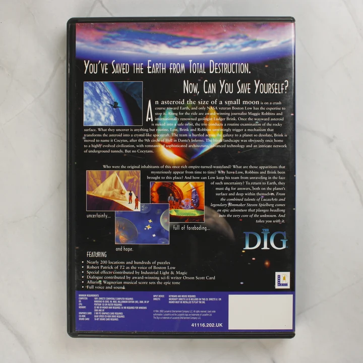 The Dig LucasArts Classic PC videójáték hátoldali borítója