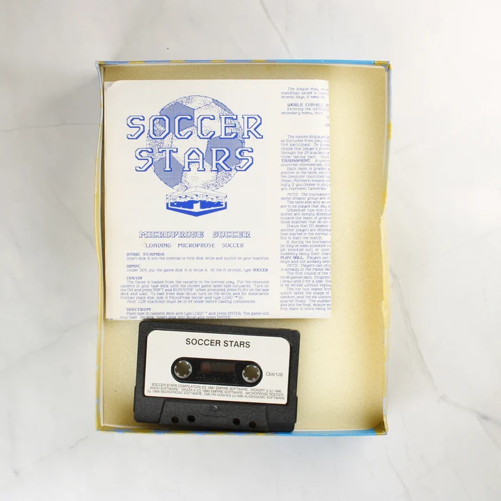 Soccer Stars Commodore 64 kazetta és használati útmutató a dobozban