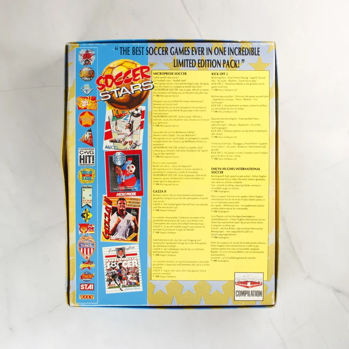 Soccer Stars videójáték-válogatás dobozának hátoldala leírásokkal