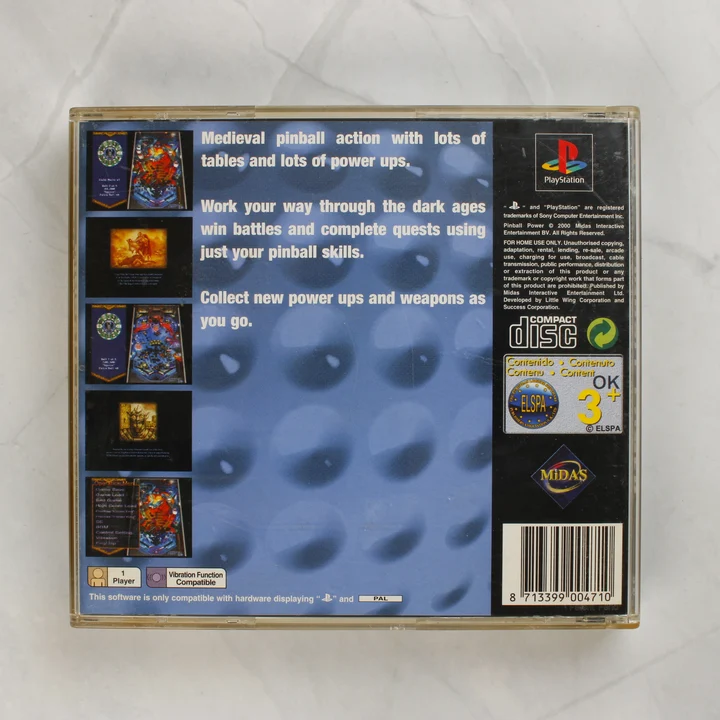 Pinball Power PlayStation játék hátoldali borítója leírással és vonalkóddal
